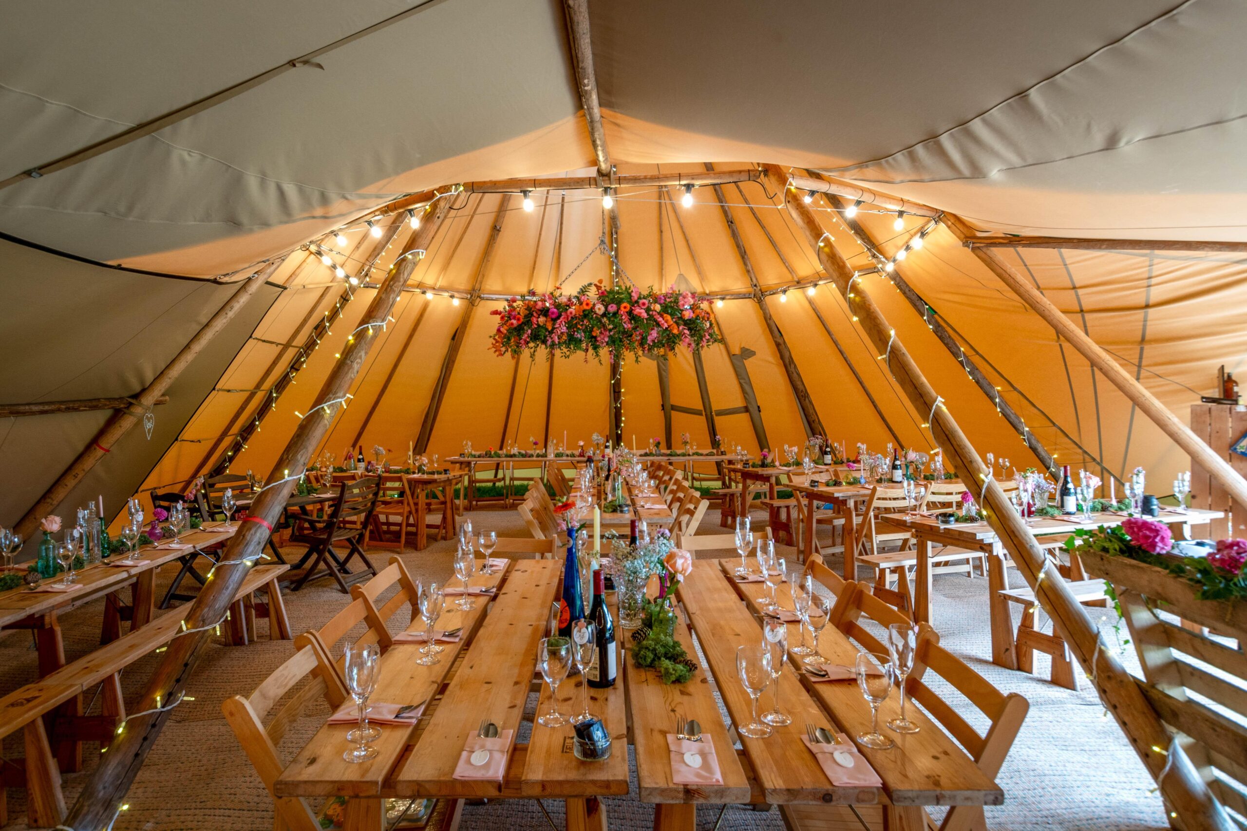 Inside a giant tipi prepared for an event